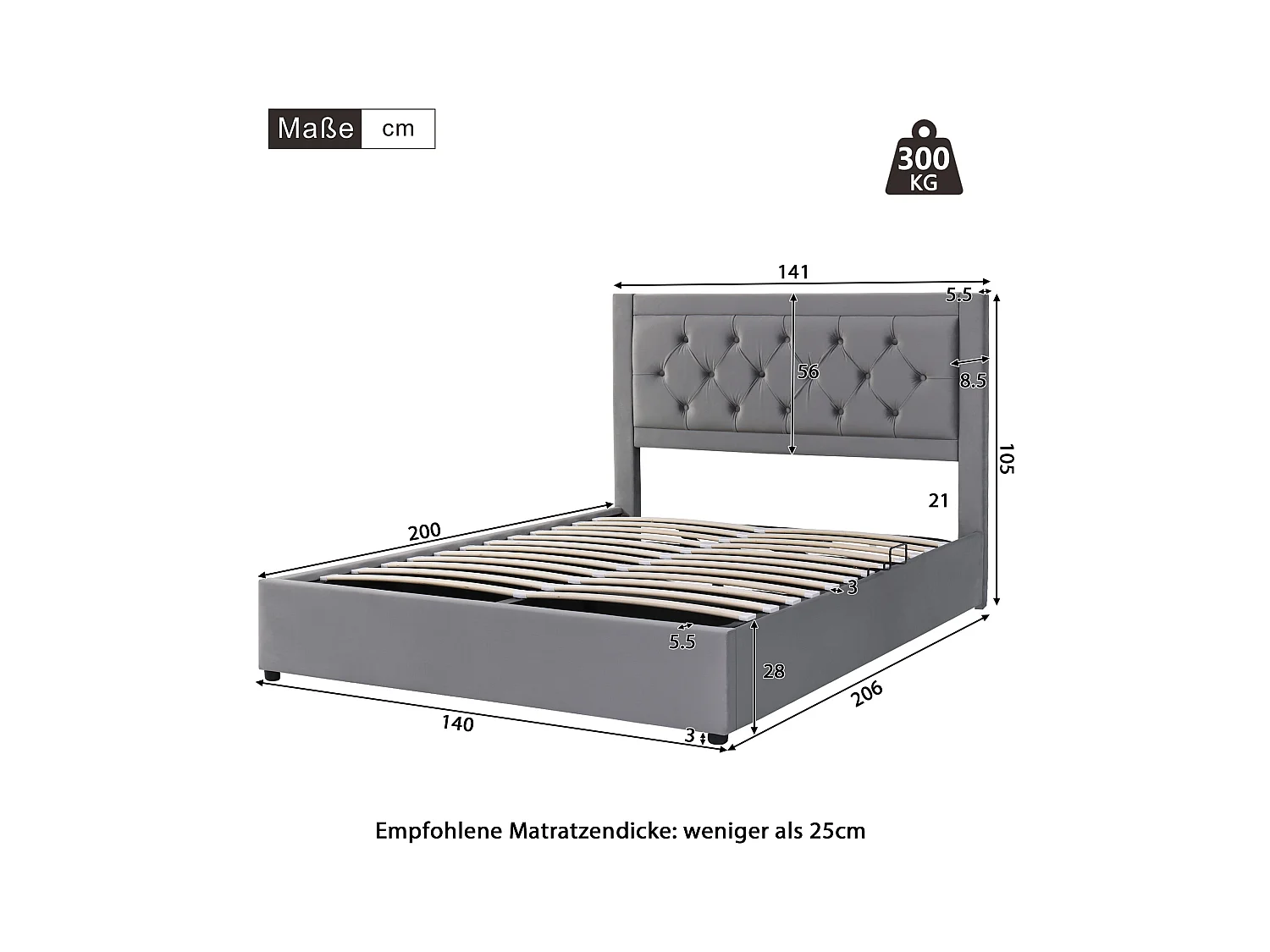 Letto contenitore matrimoniale 140x200 cm con testiera trapuntata, velluto grigio, senza materasso
