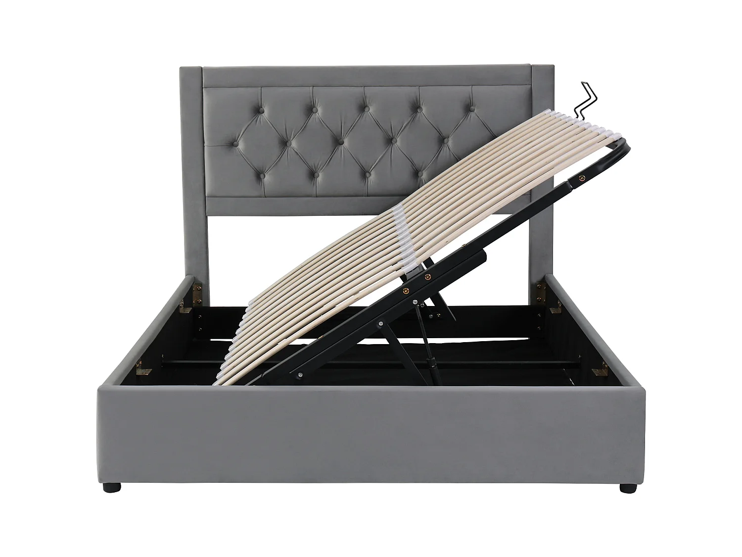 Letto contenitore matrimoniale 140x200 cm con testiera trapuntata, velluto grigio, senza materasso