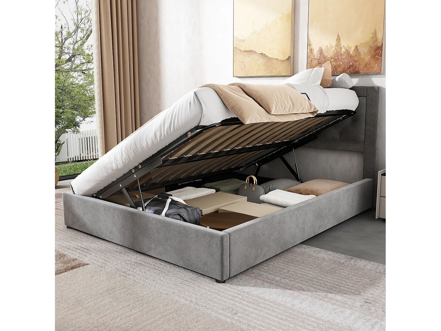 Cama baú casal 140x200 cm com cabeceira capitonê, veludo cinza, sem colchão