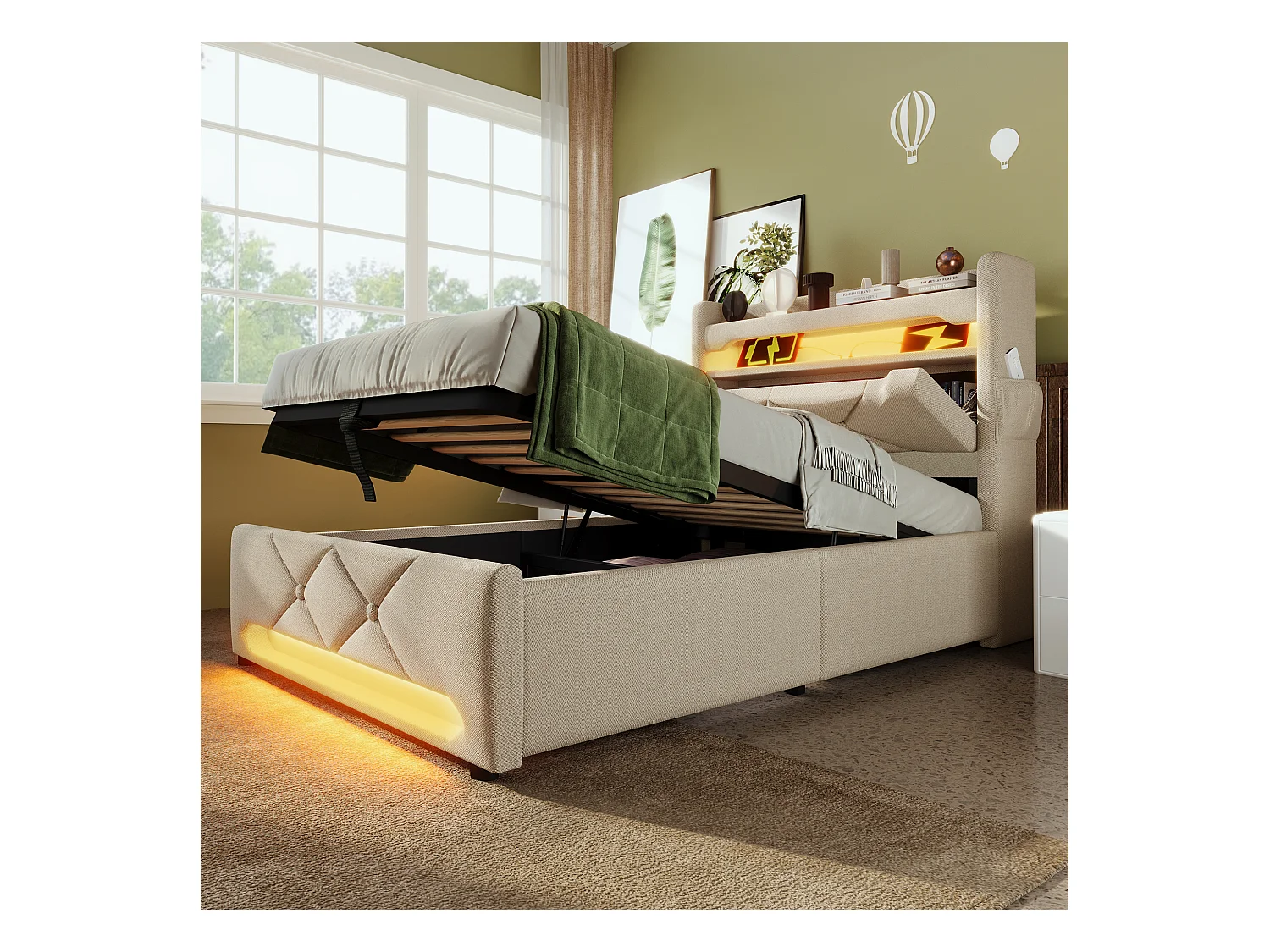 Lit coffre adulte 90x200cm avec LED et USB Type-C, lin, beige, sans matelas