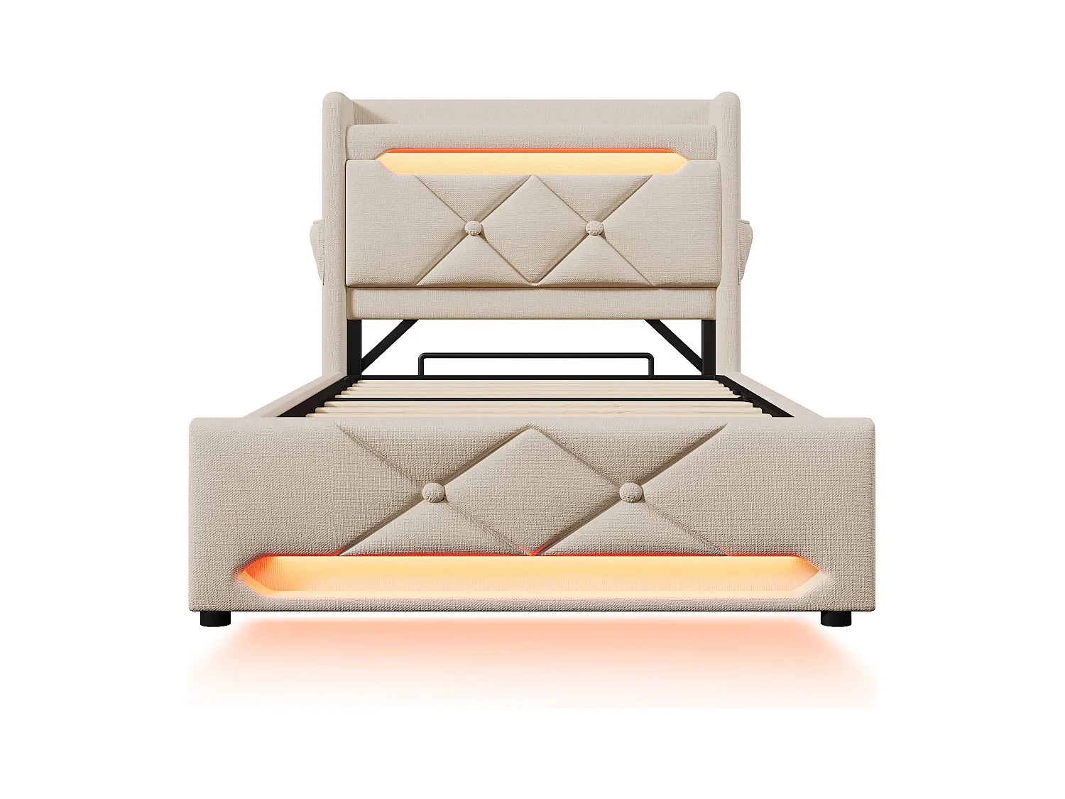 Lit coffre adulte 90x200cm avec LED et USB Type-C, lin, beige, sans matelas