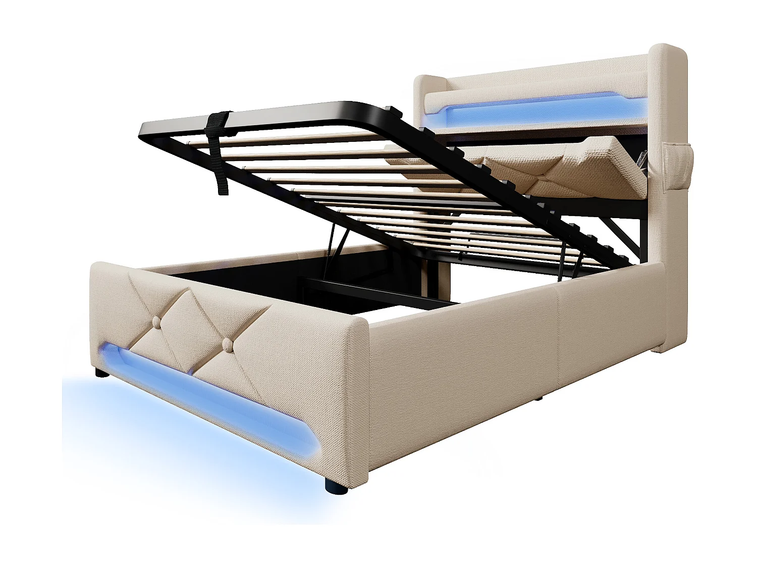 Lit coffre adulte 90x200cm avec LED et USB Type-C, lin, beige, sans matelas