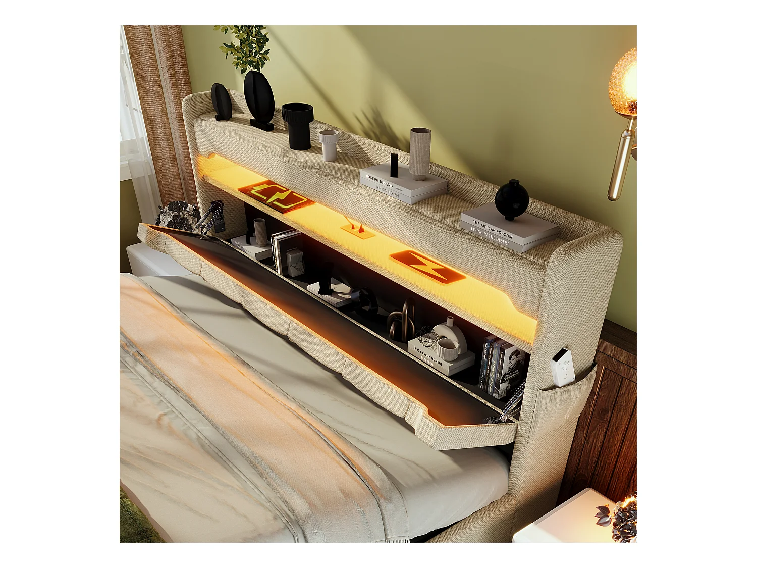 Lit coffre adulte 140x200cm avec LED et USB Type-C, lin, beige, sans matelas