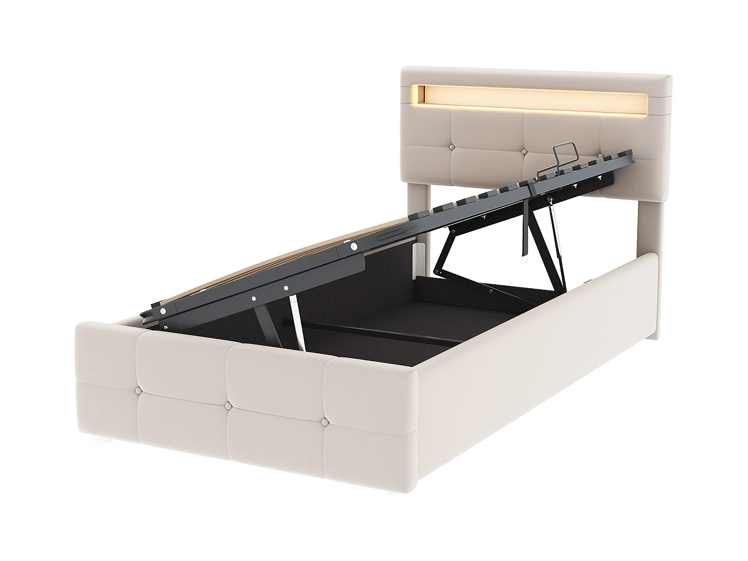 Lit coffre enfant 90x200 cm beige, LED, tête de lit réglable en hauteur, velours, Sommier à lattes, sans matelas