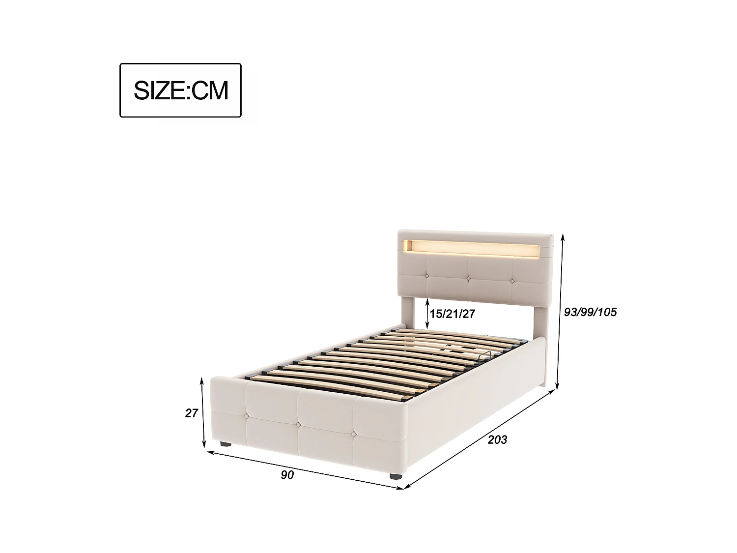 Lit coffre enfant 90x200 cm beige, LED, tête de lit réglable en hauteur, velours, Sommier à lattes, sans matelas