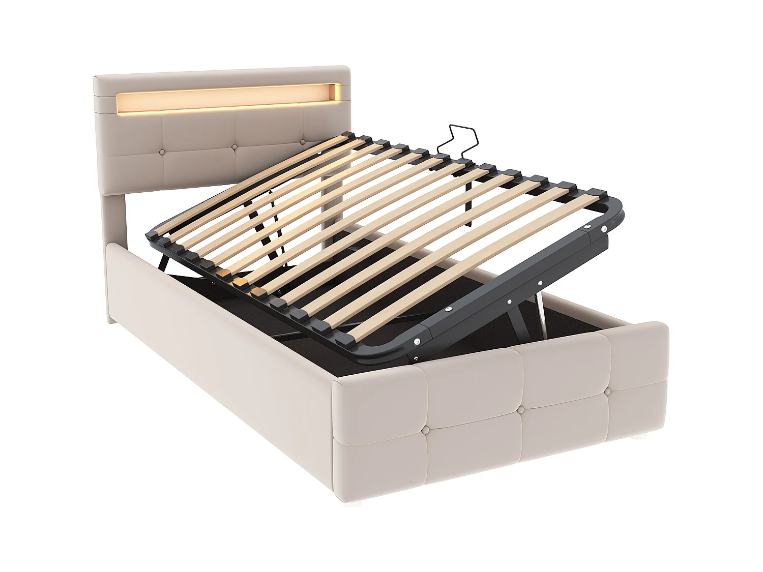 Lit coffre enfant 90x200 cm beige, LED, tête de lit réglable en hauteur, velours, Sommier à lattes, sans matelas