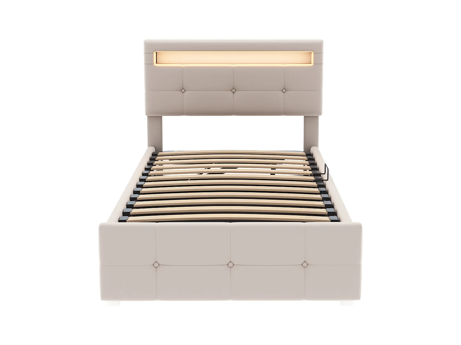 Lit coffre enfant 90x200 cm beige, LED, tête de lit réglable en hauteur, velours, Sommier à lattes, sans matelas
