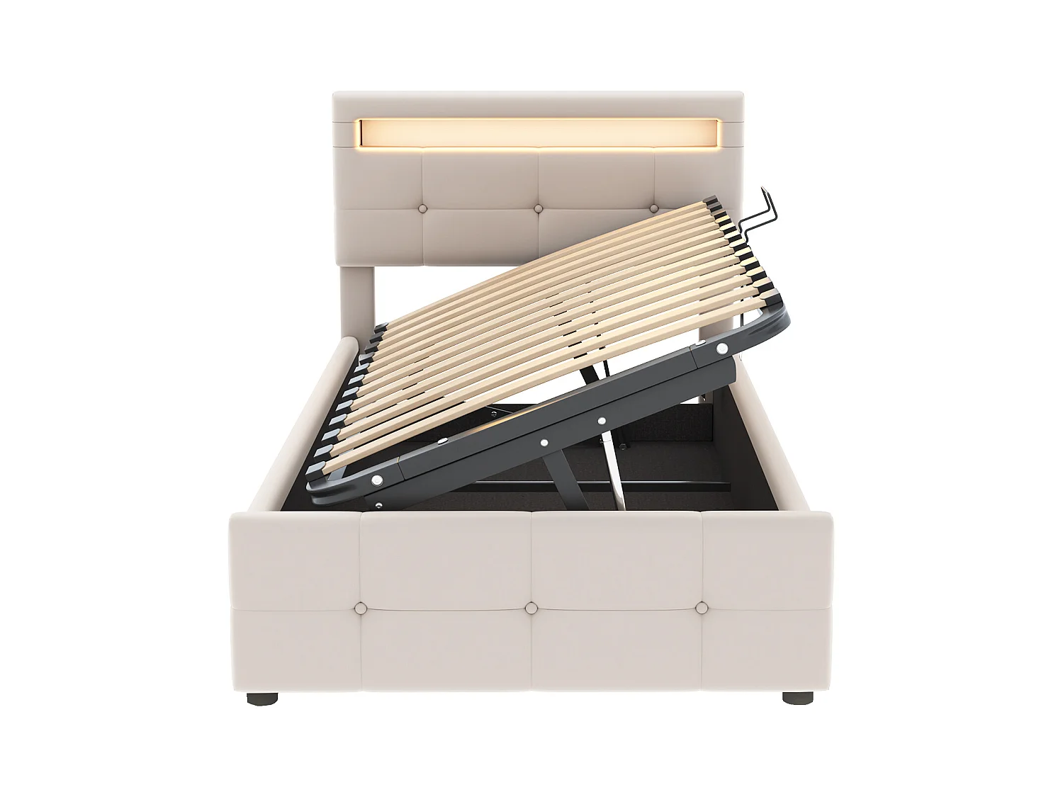 Lit coffre enfant 90x200 cm beige, LED, tête de lit réglable en hauteur, velours, Sommier à lattes, sans matelas