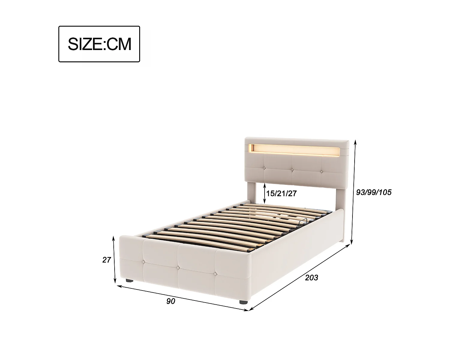 Lit coffre enfant 90x200 cm beige, LED, tête de lit réglable en hauteur, velours, Sommier à lattes, sans matelas