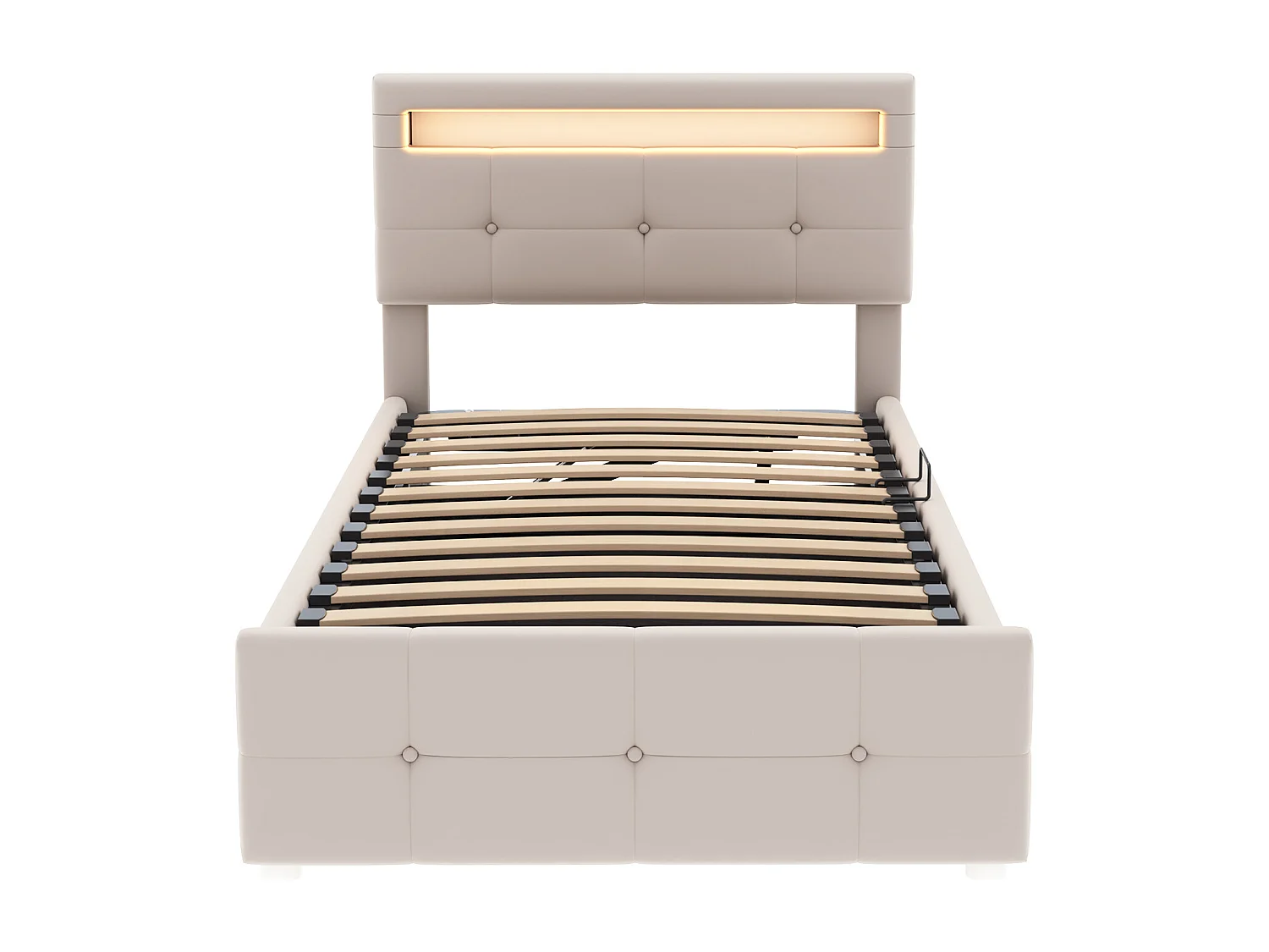 Lit coffre enfant 90x200 cm beige, LED, tête de lit réglable en hauteur, velours, Sommier à lattes, sans matelas