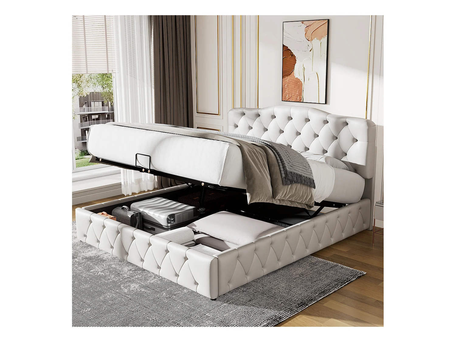 lit coffre adulte 140x200cm blanc, tête de lit réglable en hauteur, PU, sans matelas