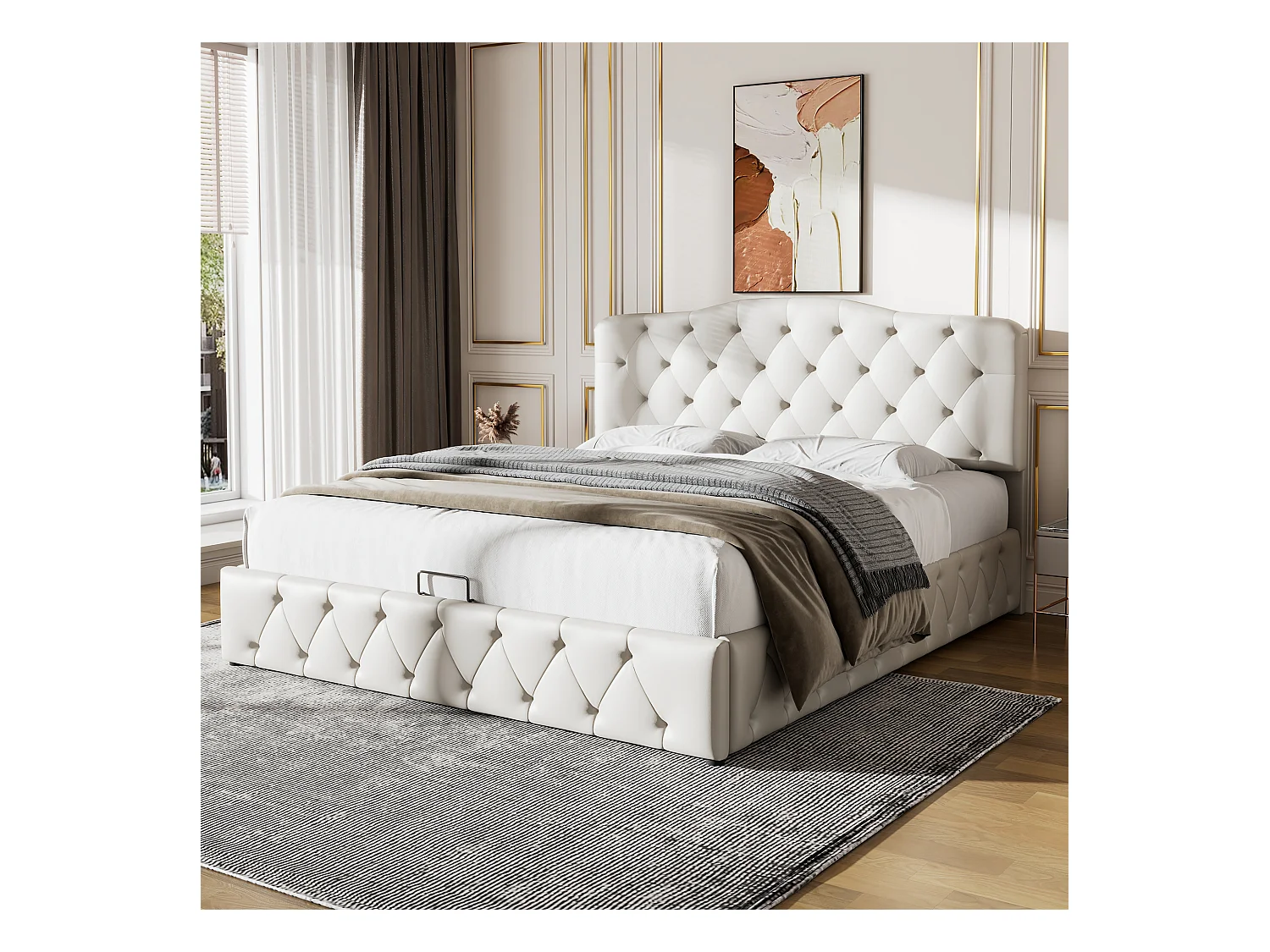 lit coffre adulte 140x200cm blanc, tête de lit réglable en hauteur, PU, sans matelas