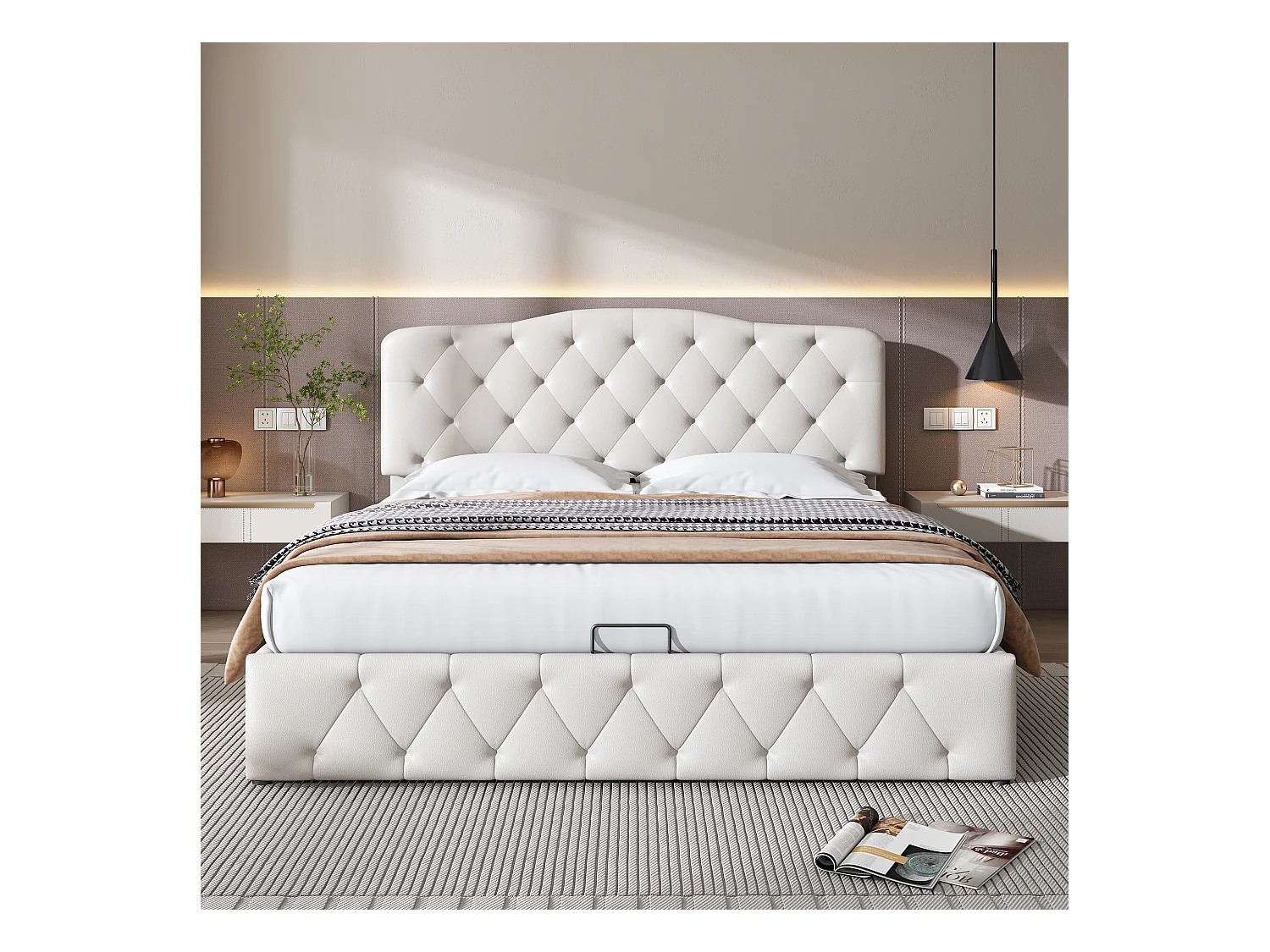 lit coffre adulte 140x200cm blanc, tête de lit réglable en hauteur, PU, sans matelas