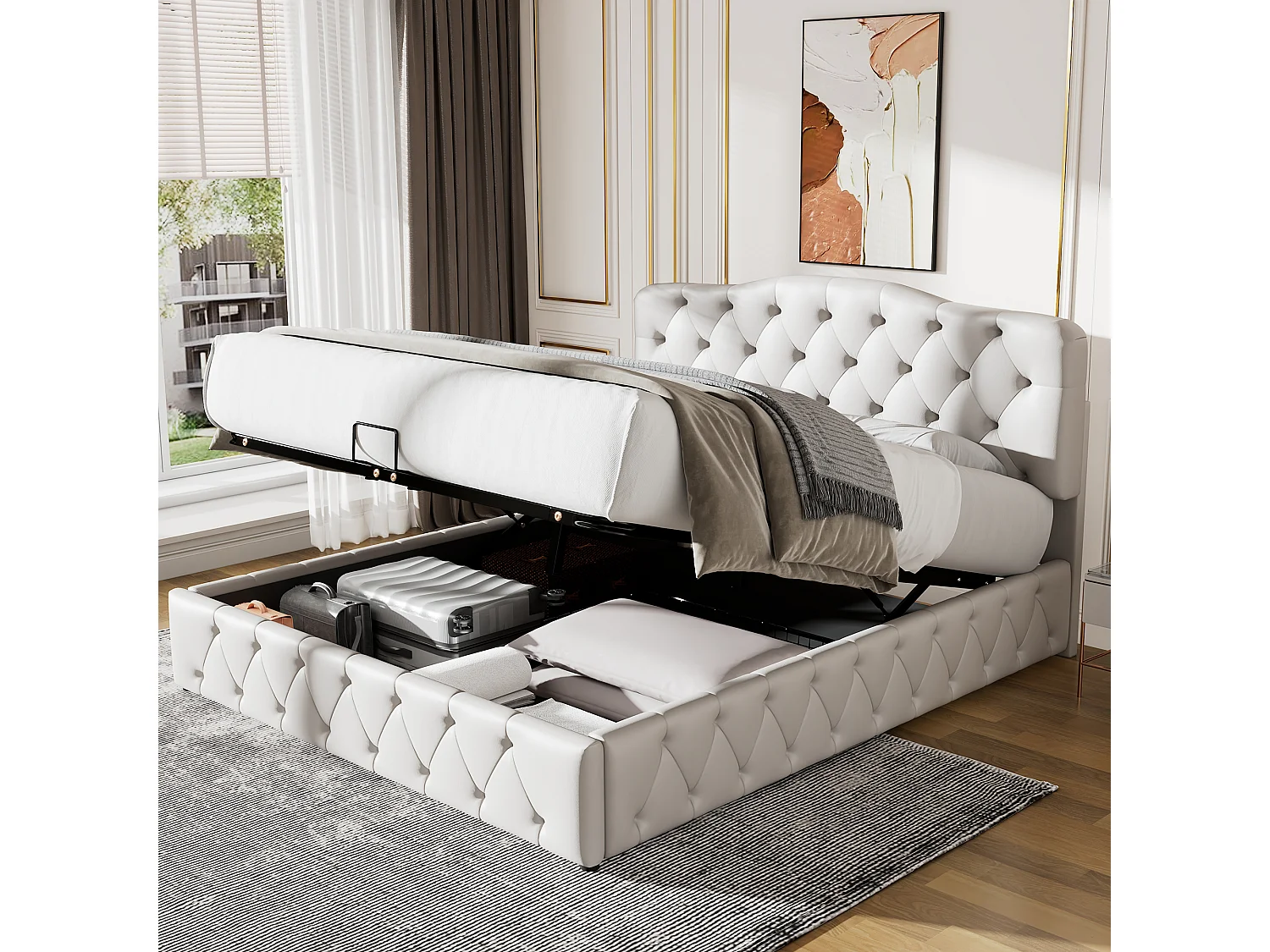 lit coffre adulte 140x200cm blanc, tête de lit réglable en hauteur, PU, sans matelas