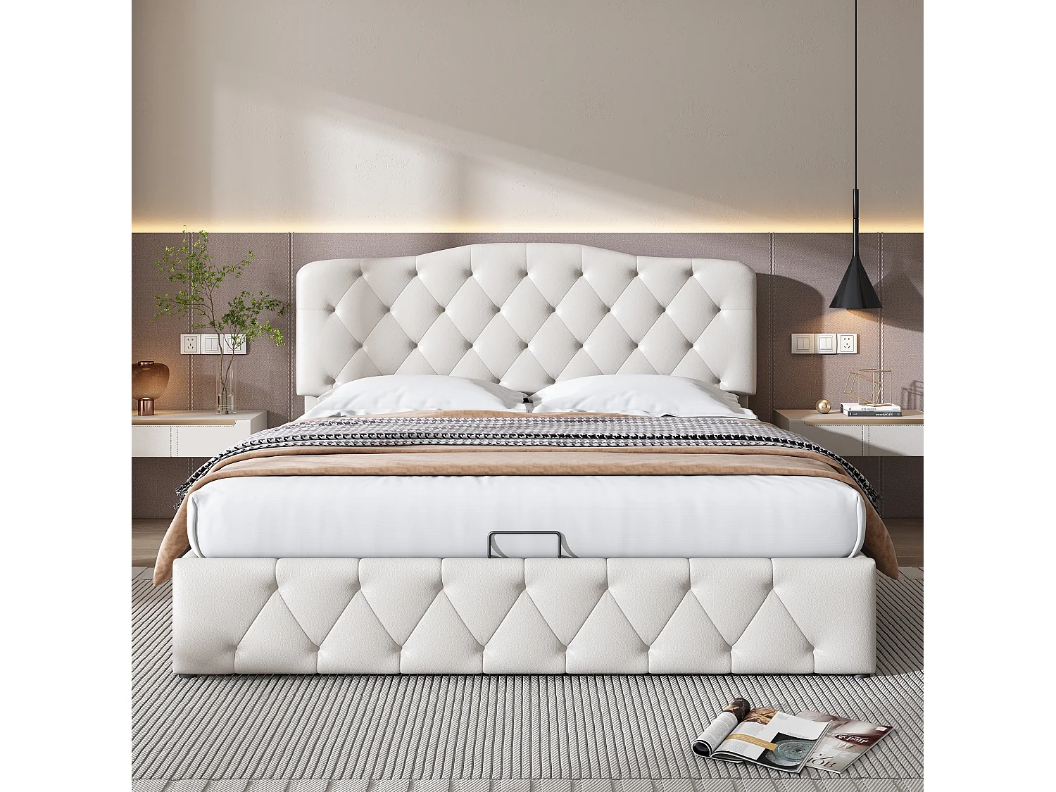lit coffre adulte 140x200cm blanc, tête de lit réglable en hauteur, PU, sans matelas
