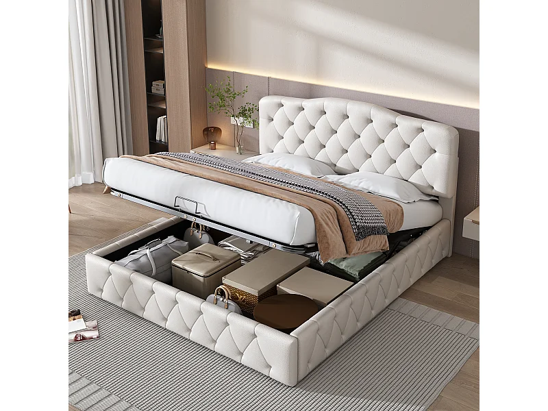lit coffre adulte 140x200cm blanc, tête de lit réglable en hauteur, PU, sans matelas