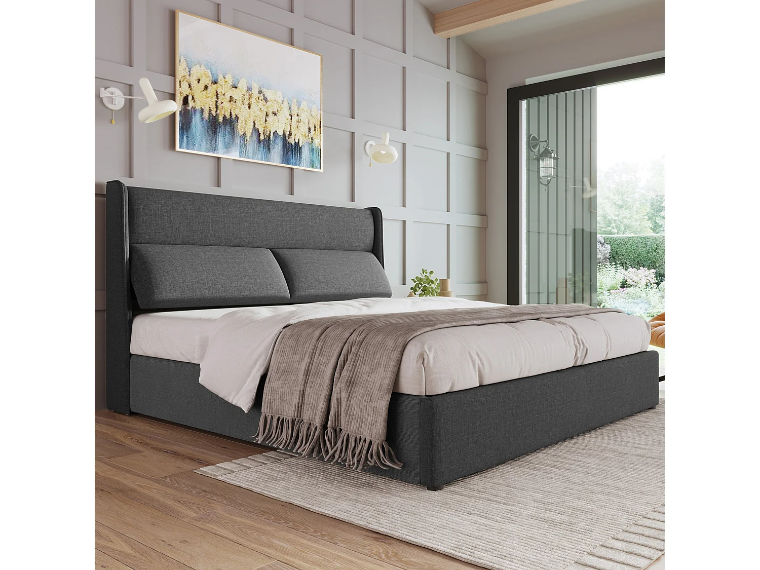 Lit coffre adulte 160x200cm en lin avec appuie-têtes réglables et sommier, sans matelas, gris