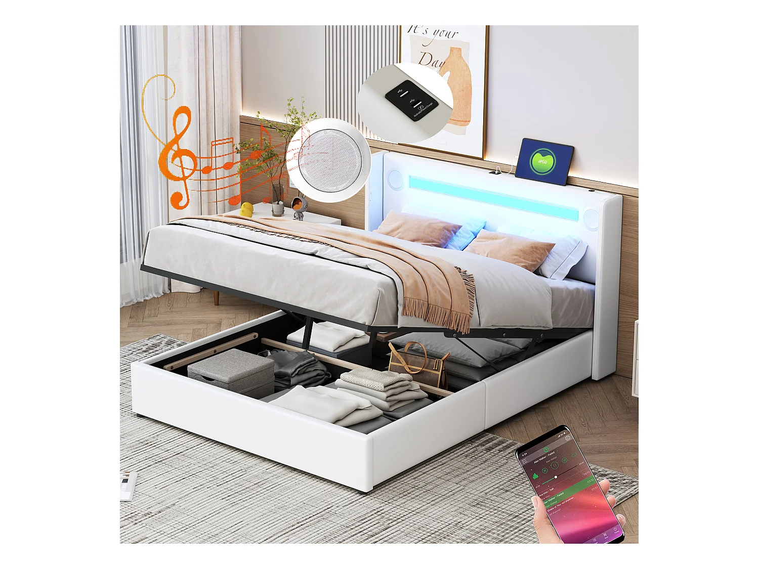 Lit coffre adulte 140x200cm en cuir PU avec USB + LED, blanc, Sommier à lattes, sans matelas