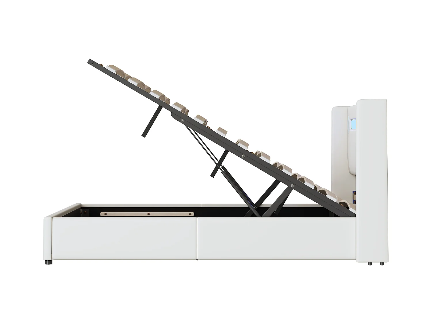 Lit coffre adulte 140x200cm en cuir PU avec USB + LED, blanc, Sommier à lattes, sans matelas