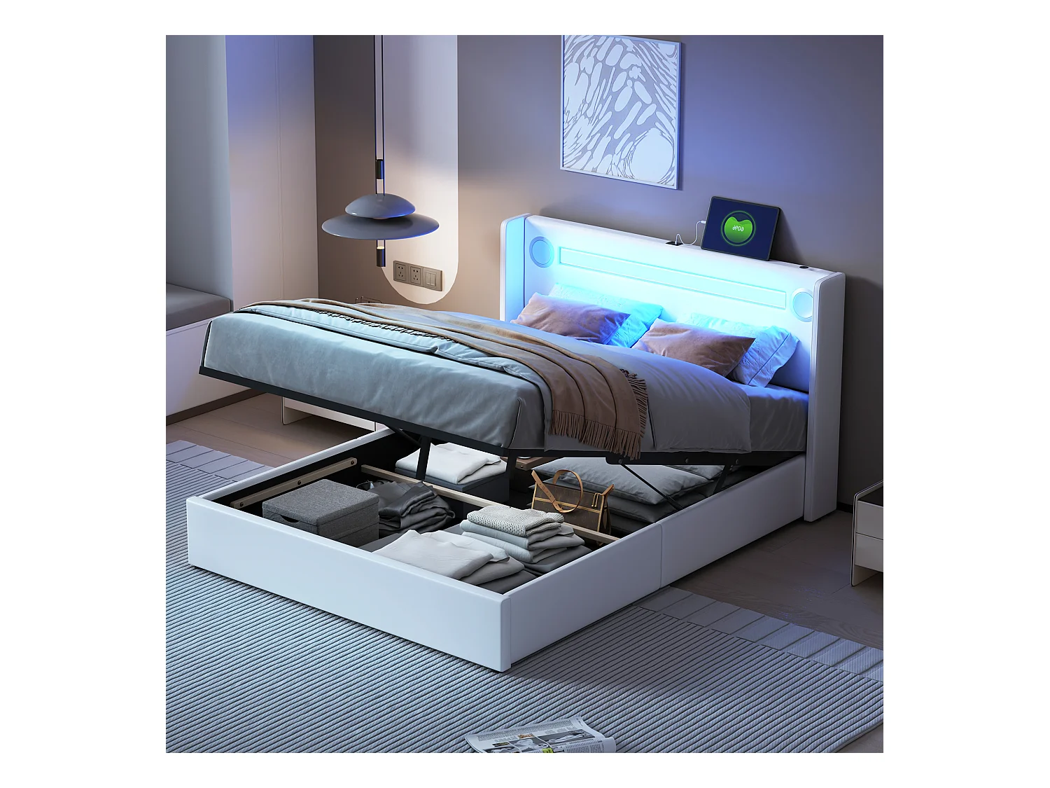 Lit coffre adulte 140x200cm en cuir PU avec USB + LED, blanc, Sommier à lattes, sans matelas