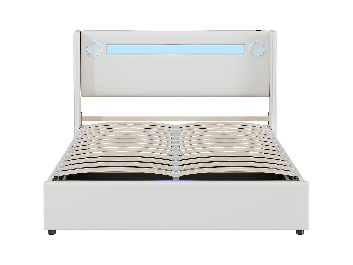 Lit coffre adulte 140x200cm en cuir PU avec USB + LED, blanc, Sommier à lattes, sans matelas