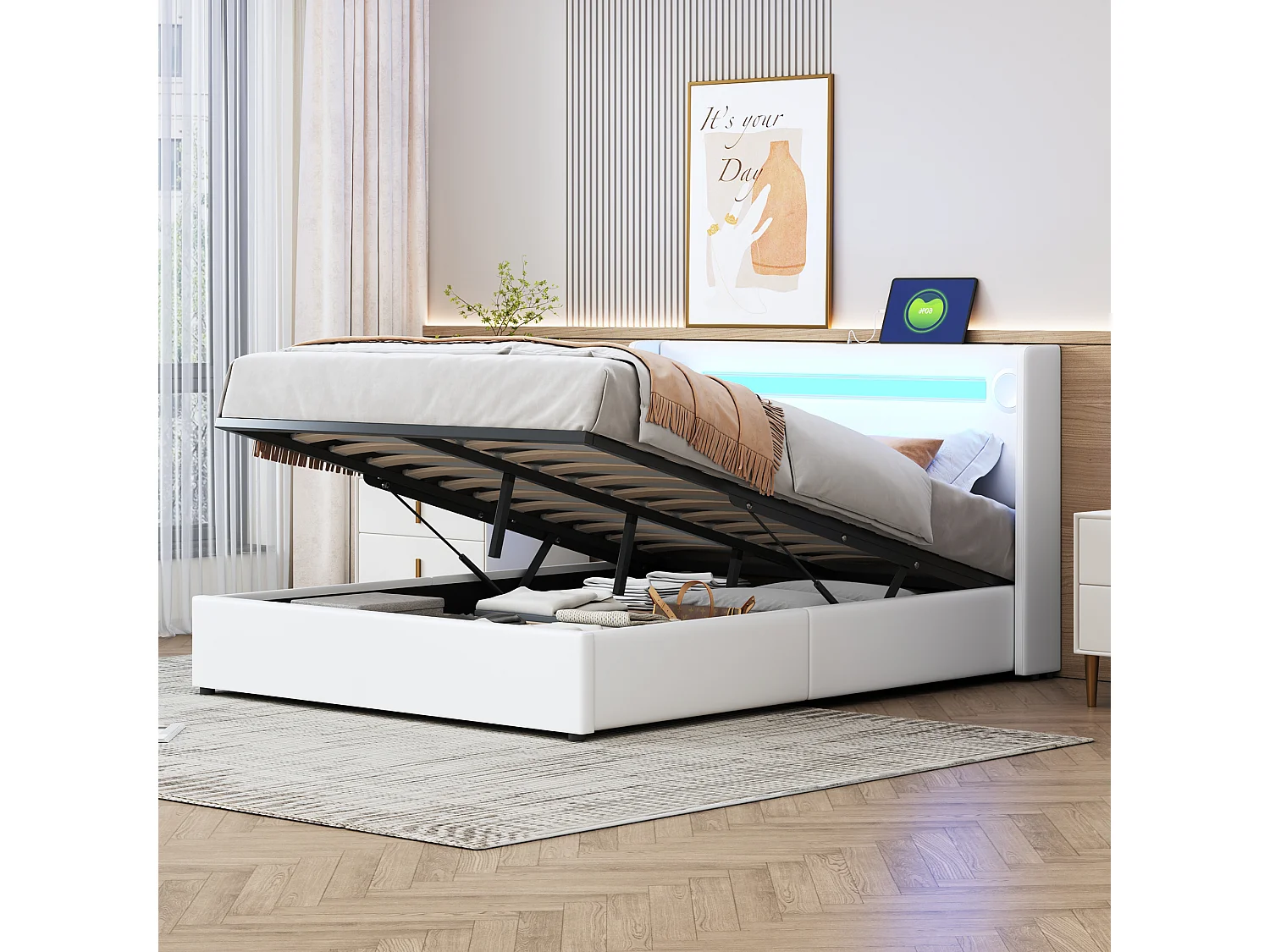 Lit coffre adulte 140x200cm en cuir PU avec USB + LED, blanc, Sommier à lattes, sans matelas