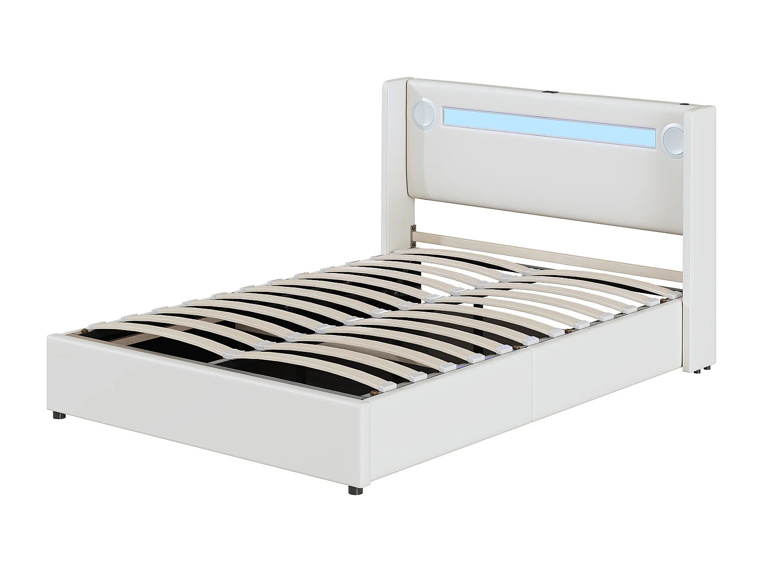 Lit coffre adulte 140x200cm en cuir PU avec USB + LED, blanc, Sommier à lattes, sans matelas