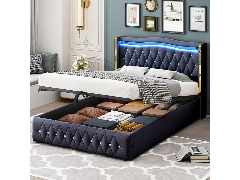 Lit coffre adulte 140x200cm avec LED et Tête de lit diamanté, velours, noir, sans matelas