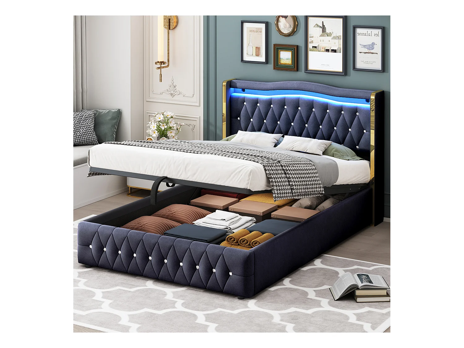 Lit coffre adulte 140x200cm avec LED et Tête de lit diamanté, velours, noir, sans matelas