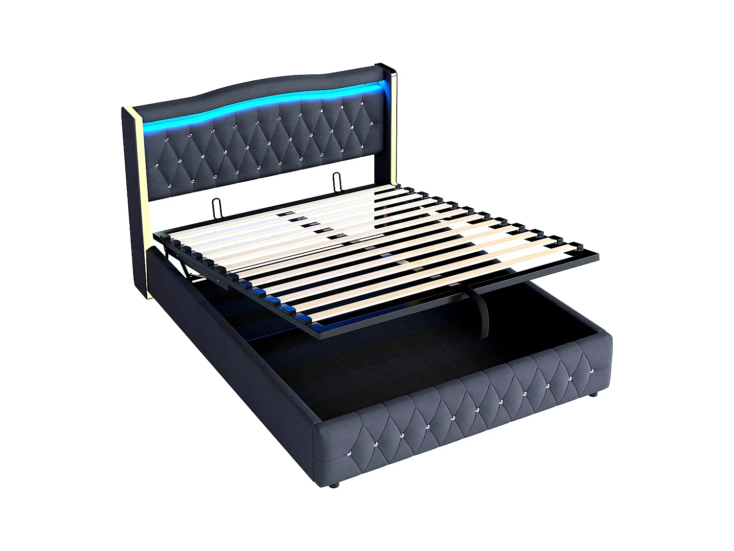 Lit coffre adulte 140x200cm avec LED et Tête de lit diamanté, velours, noir, sans matelas