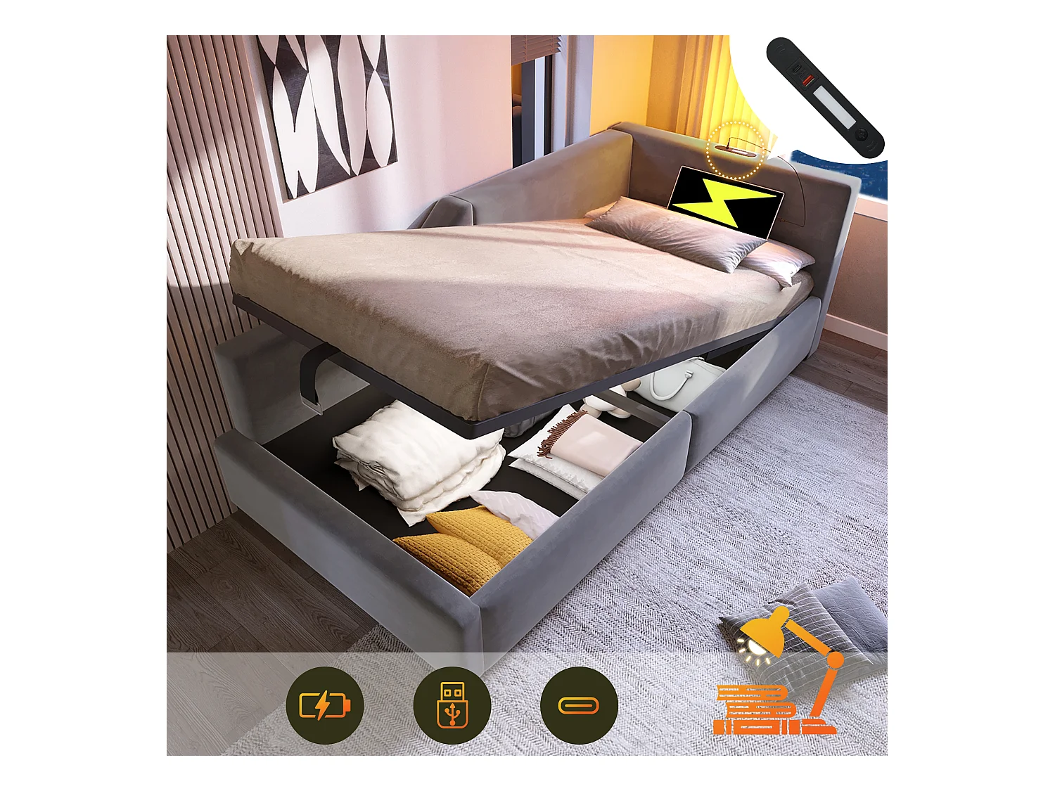 Lit coffre enfant 90x200cm en velours avec liseuse et USB-C, Sommier à lattes en bois, gris, sans matelas