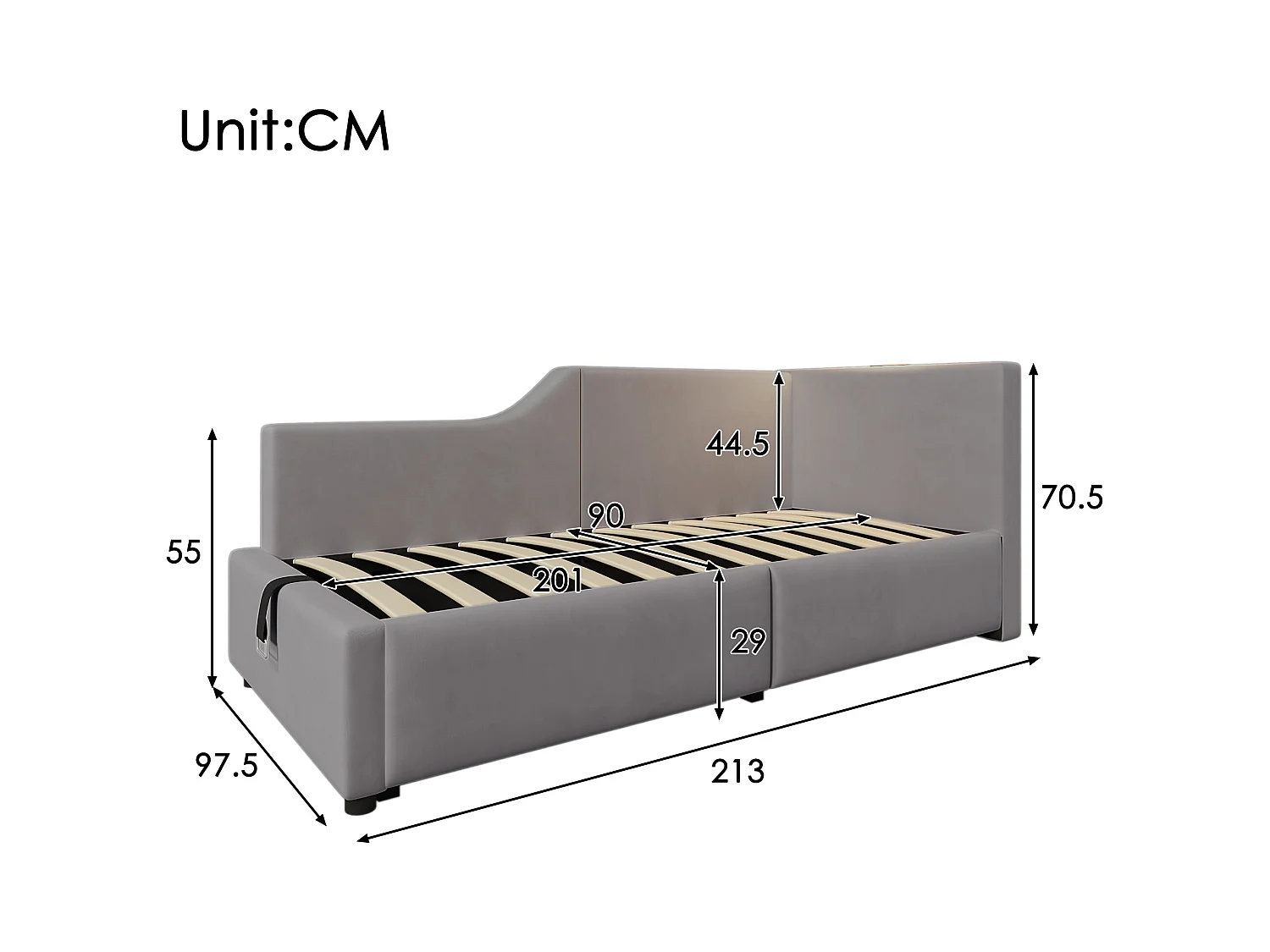 Lit coffre enfant 90x200cm en velours avec liseuse et USB-C, Sommier à lattes en bois, gris, sans matelas