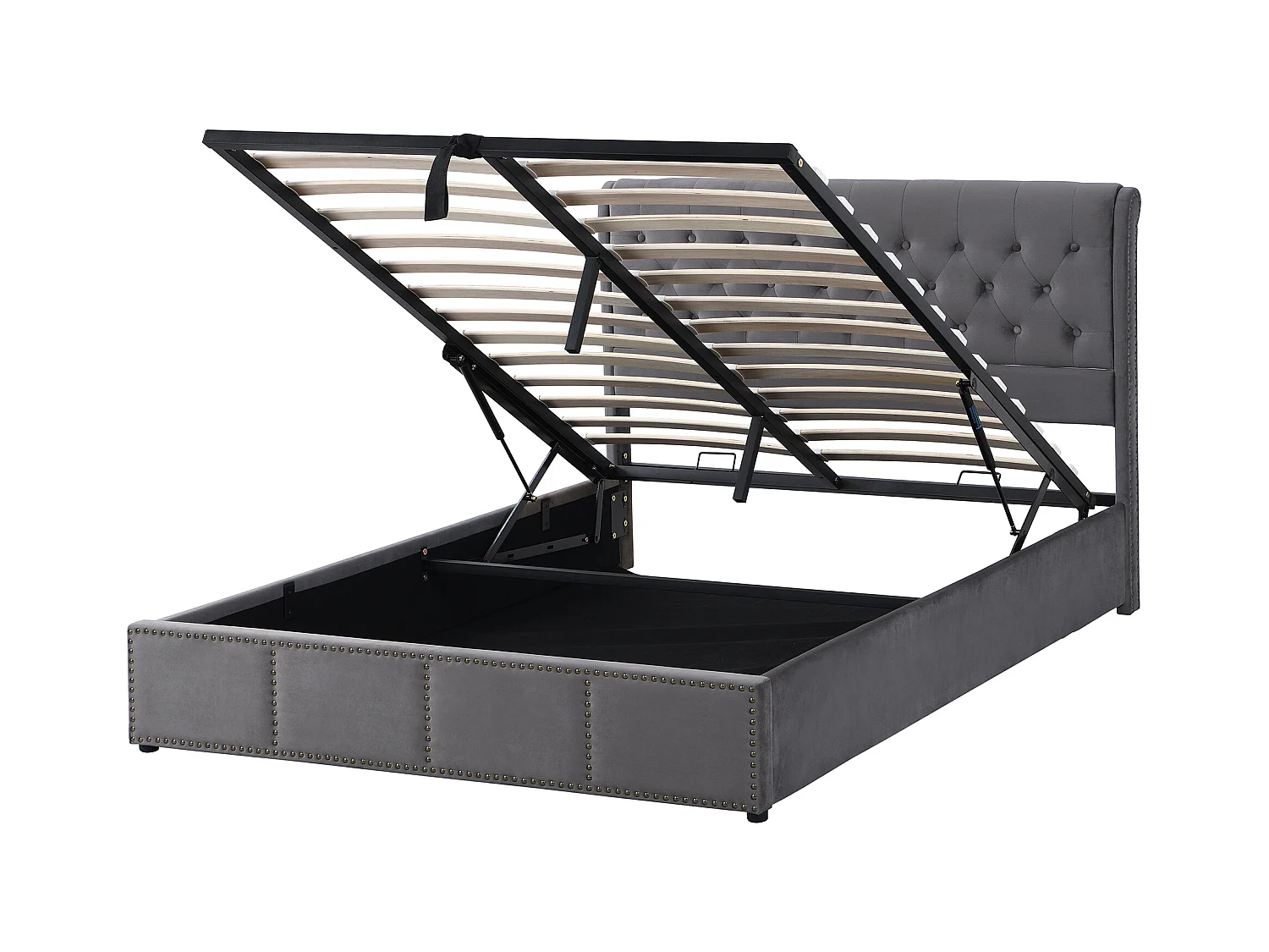 Lit Coffre adulte 180x200cm Gris en velours, lit de rangement, Sommier à lattes, Sans Matelas