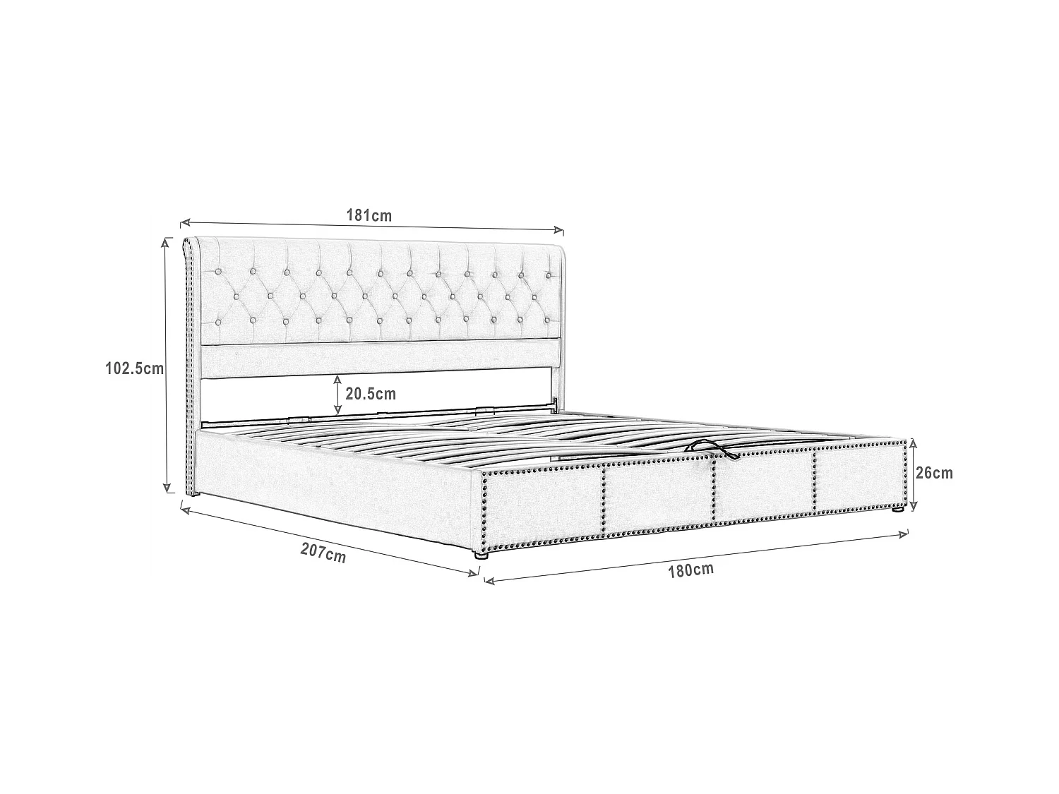 Lit Coffre adulte 180x200cm Gris en velours, lit de rangement, Sommier à lattes, Sans Matelas
