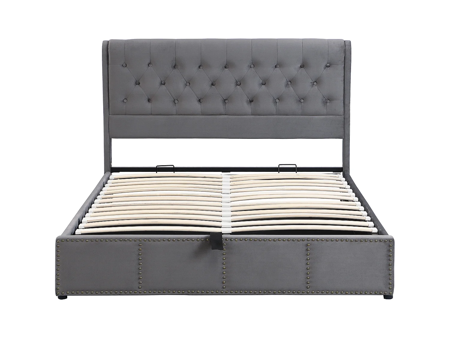 Lit Coffre adulte 180x200cm Gris en velours, lit de rangement, Sommier à lattes, Sans Matelas