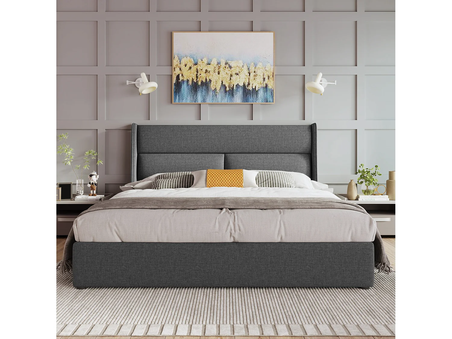 Cama con almacenaje 180x200 cm de lino con cabeceros ajustables y somier, sin colchón, color gris