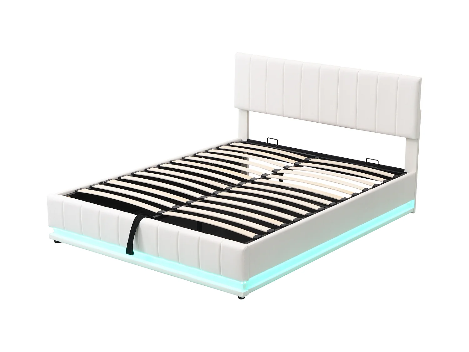 Lit coffre adulte 160x200 cm blanc en simili cuir avec LED, tête de lit réglable en hauteur, sans matelas
