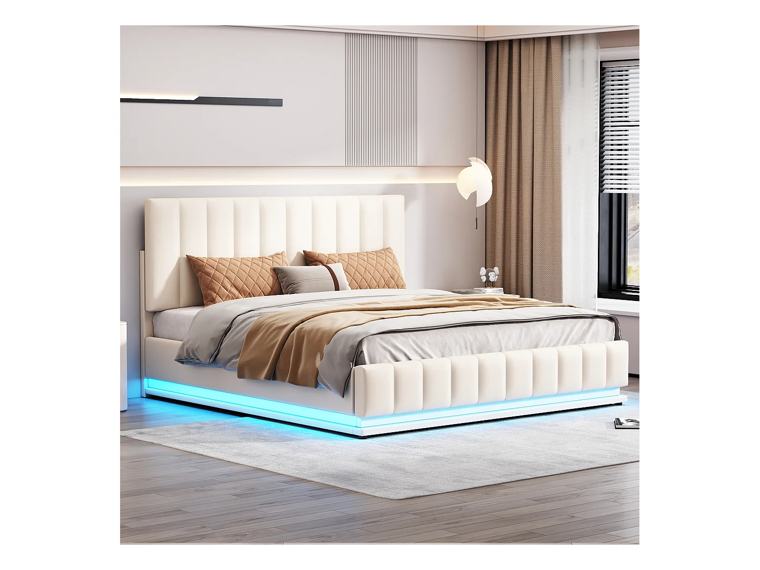 Lit coffre adulte 160x200 cm blanc en simili cuir avec LED, tête de lit réglable en hauteur, sans matelas