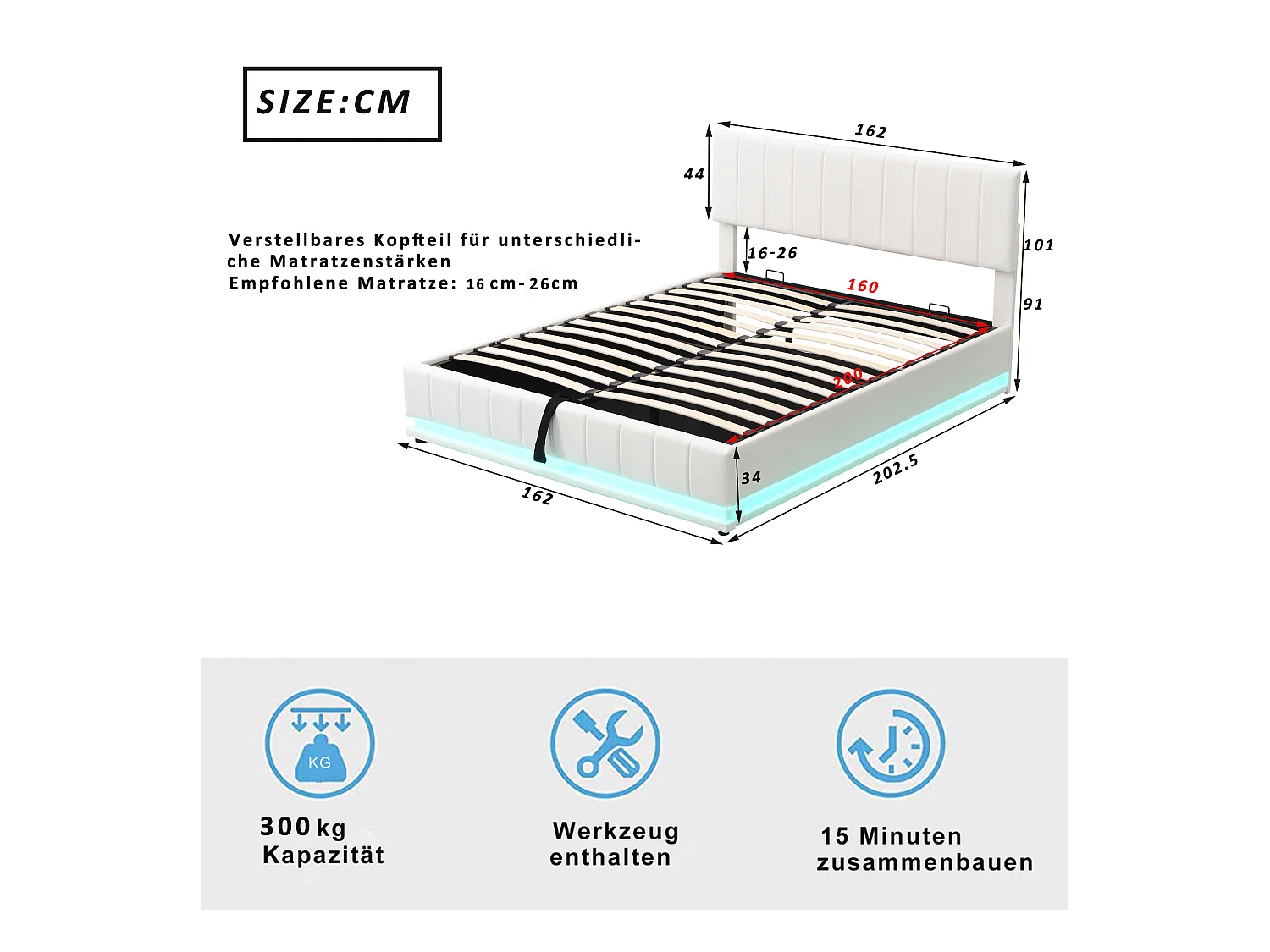 Lit coffre adulte 160x200 cm blanc en simili cuir avec LED, tête de lit réglable en hauteur, sans matelas
