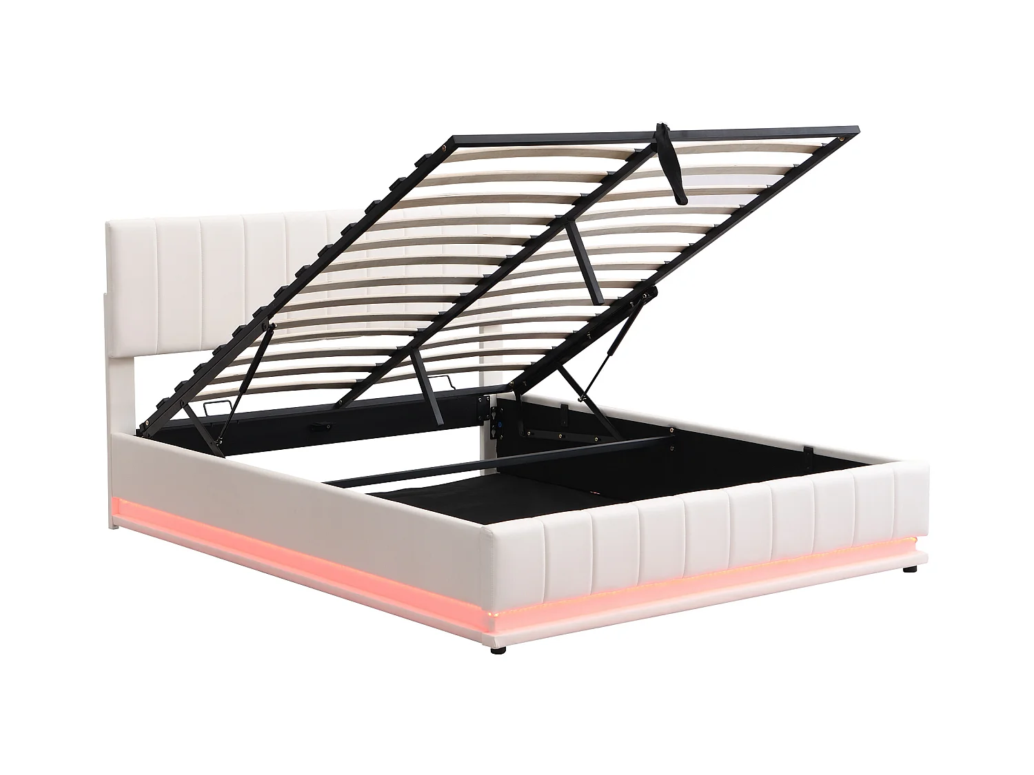 Lit coffre adulte 160x200 cm blanc en simili cuir avec LED, tête de lit réglable en hauteur, sans matelas