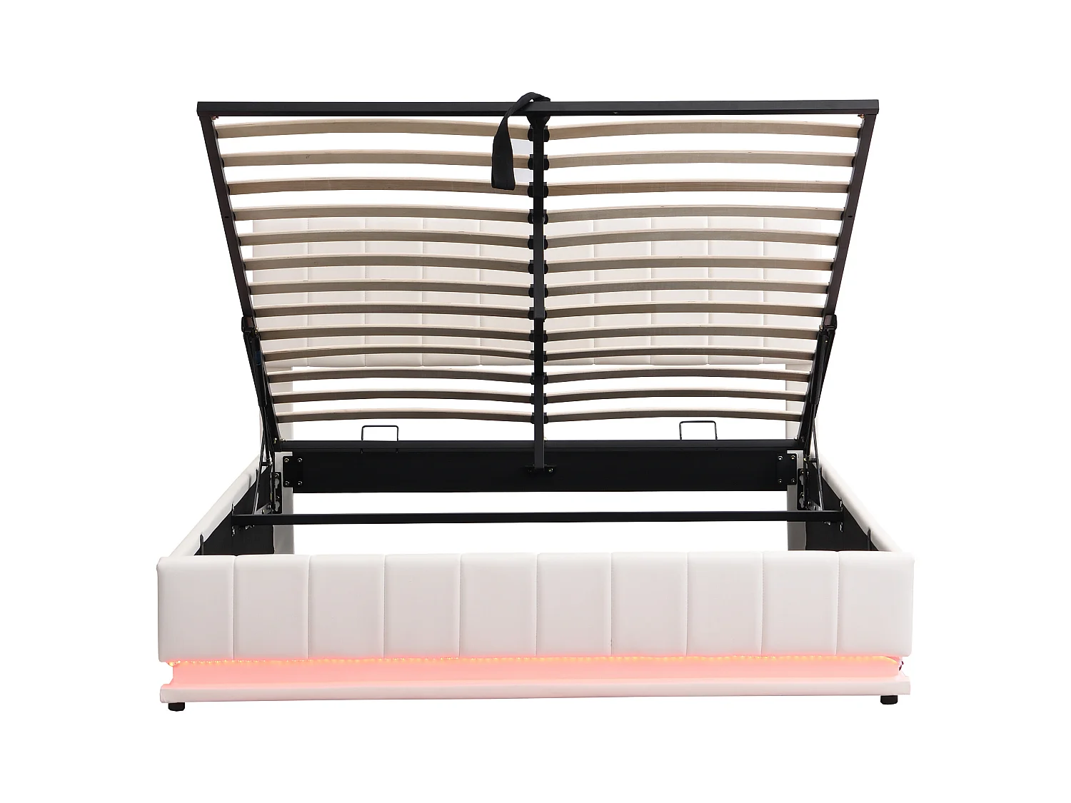 Lit coffre adulte 160x200 cm blanc en simili cuir avec LED, tête de lit réglable en hauteur, sans matelas