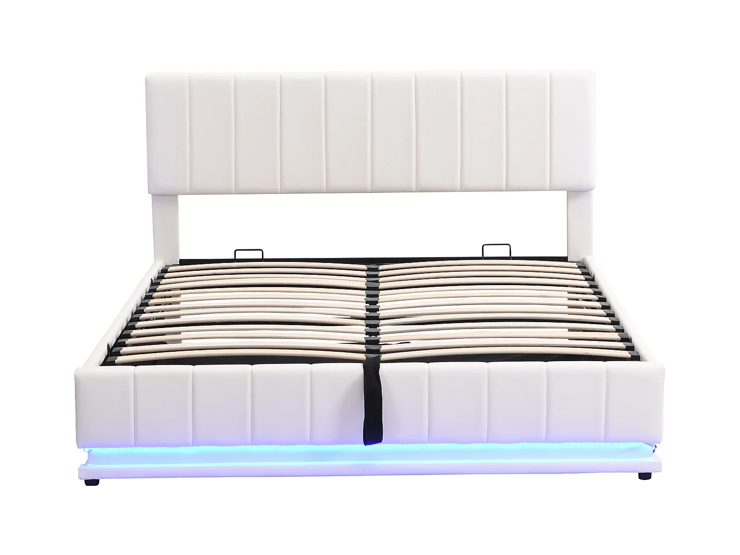 Lit coffre adulte 160x200 cm blanc en simili cuir avec LED, tête de lit réglable en hauteur, sans matelas