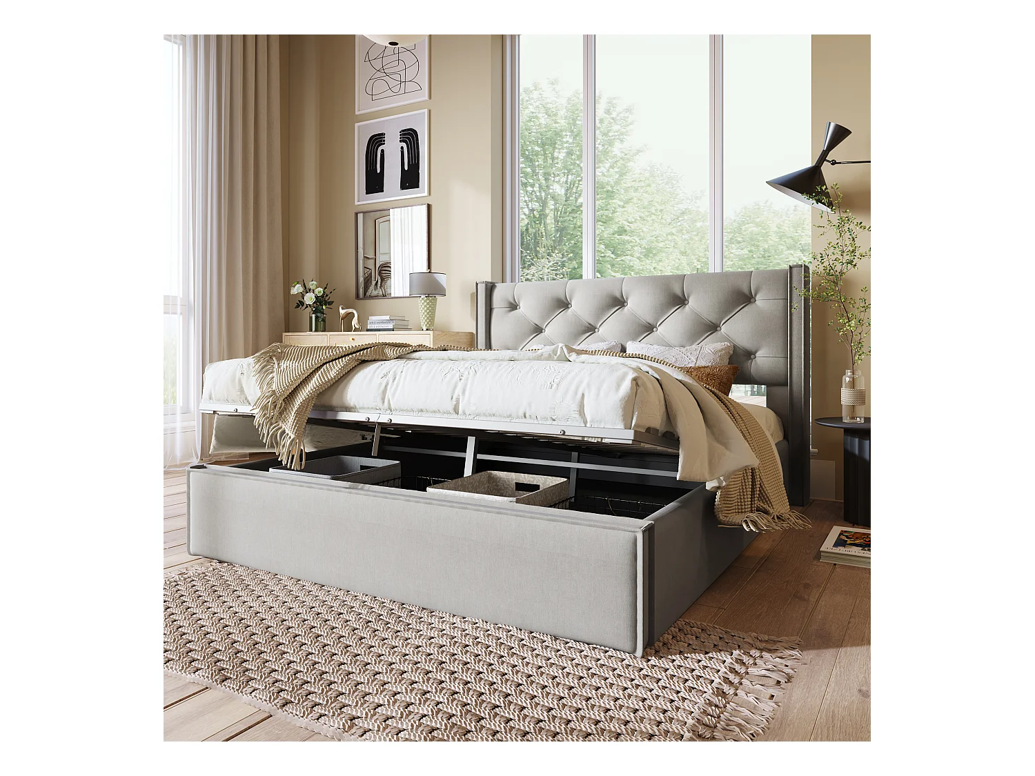 Lit coffre 160x200cm en cotton avec espace de rangement, gris clair, Sommier à lattes, sans matelas