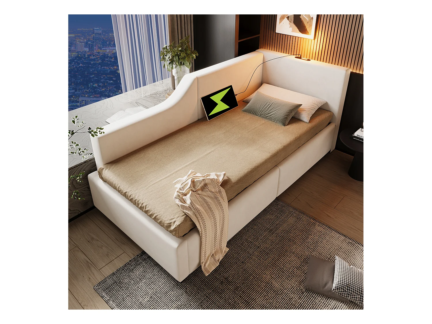 Lit coffre enfant 90x200cm en velours avec liseuse et USB-C, Sommier à lattes en bois, beige, sans matelas