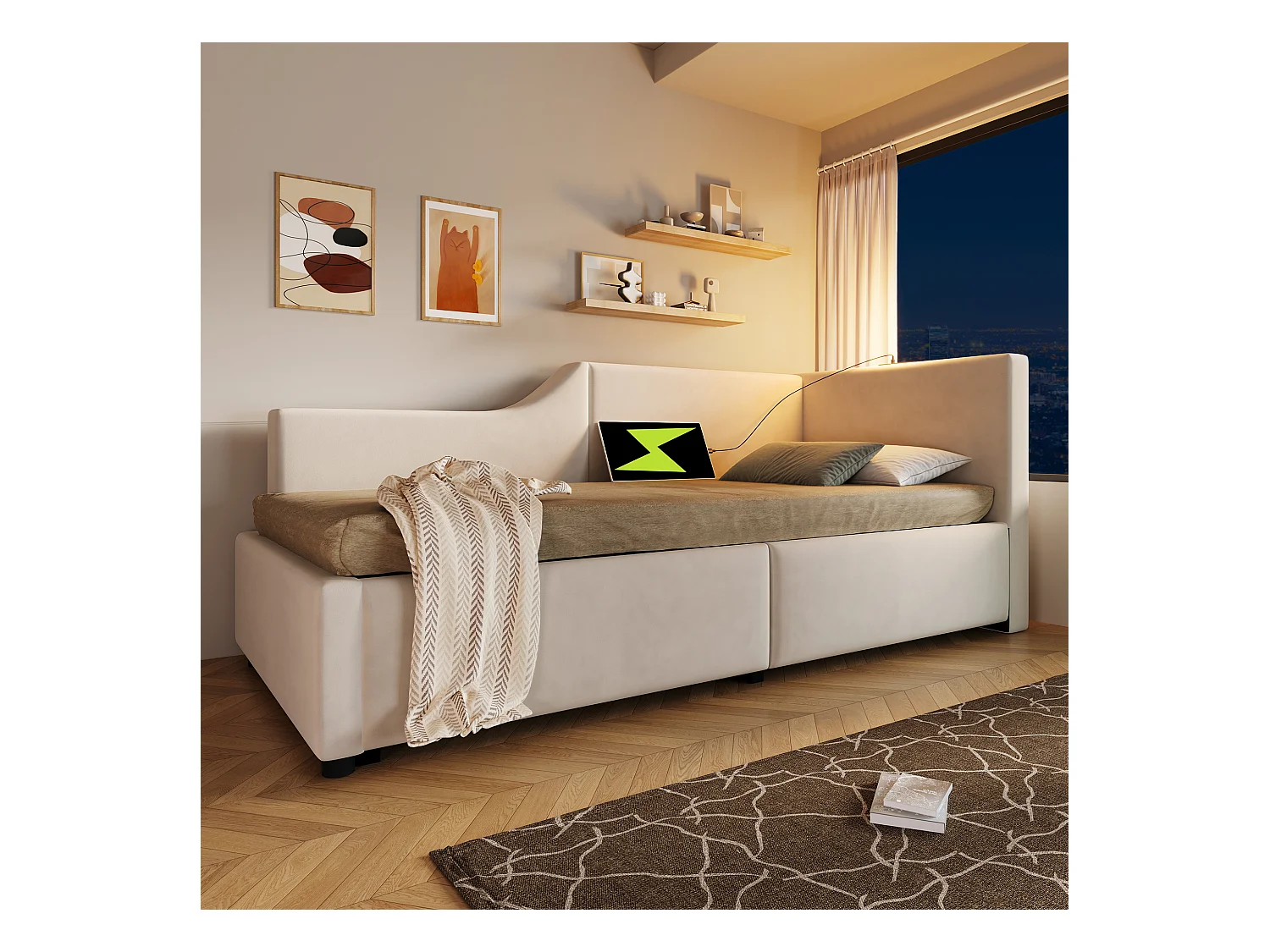 Lit coffre enfant 90x200cm en velours avec liseuse et USB-C, Sommier à lattes en bois, beige, sans matelas