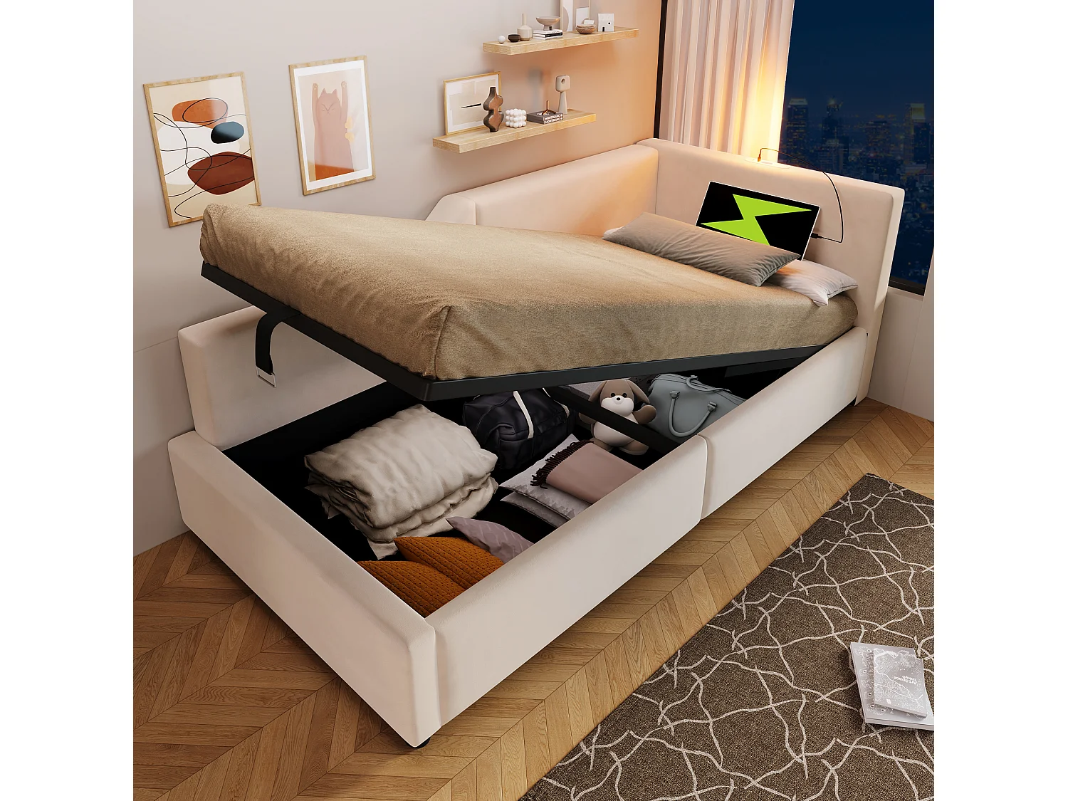 Lit coffre enfant 90x200cm en velours avec liseuse et USB-C, Sommier à lattes en bois, beige, sans matelas