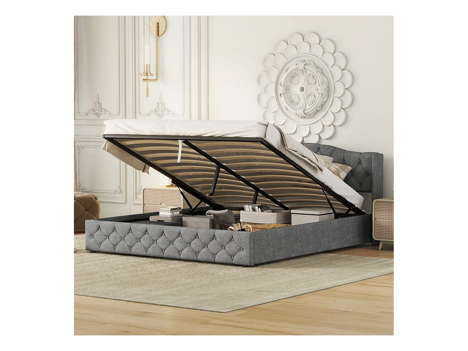 Lit coffre adulte 180x200cm avec Tête de lit Capitonné, lin, gris, sans matelas