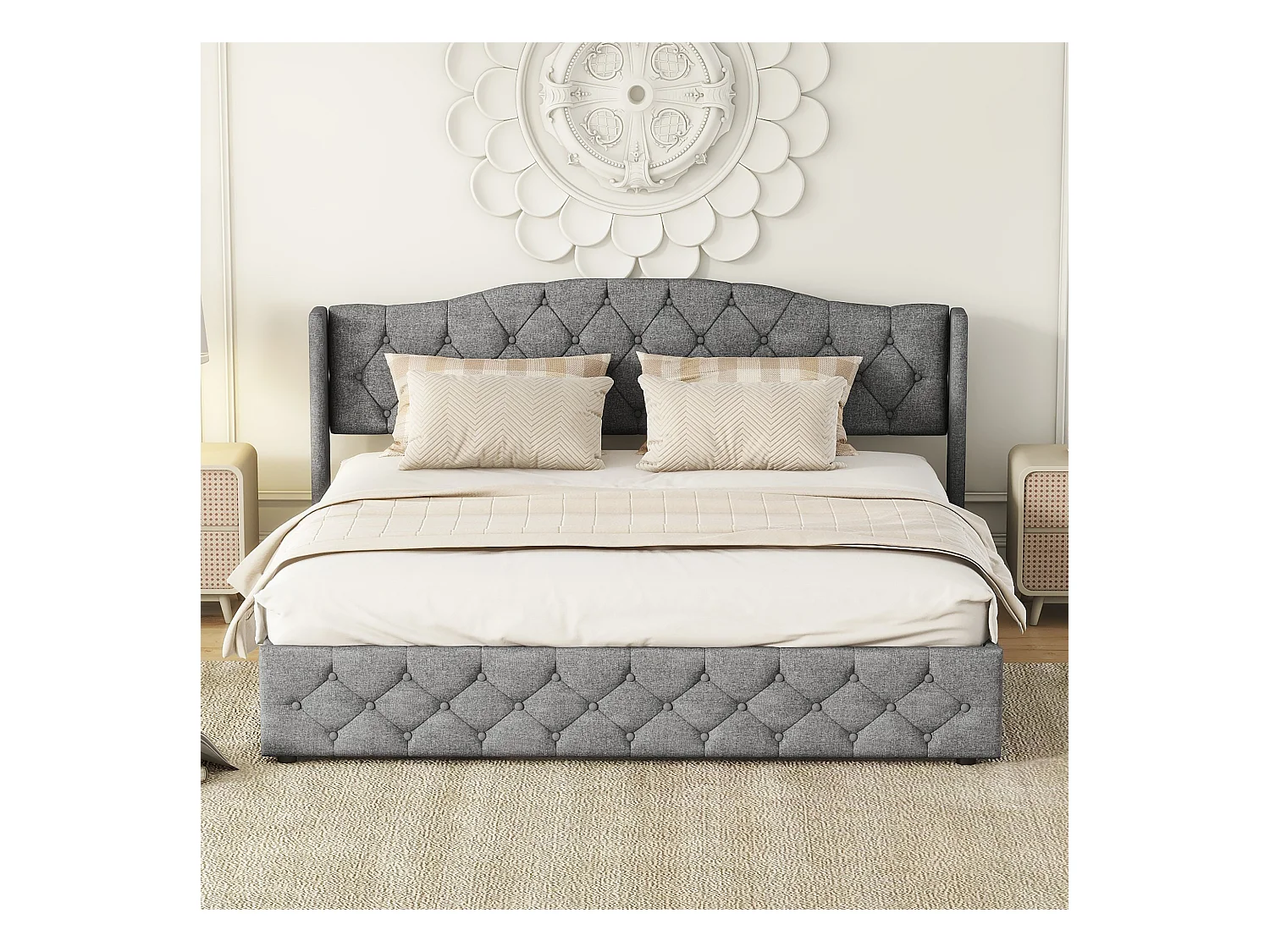 Lit coffre adulte 180x200cm avec Tête de lit Capitonné, lin, gris, sans matelas