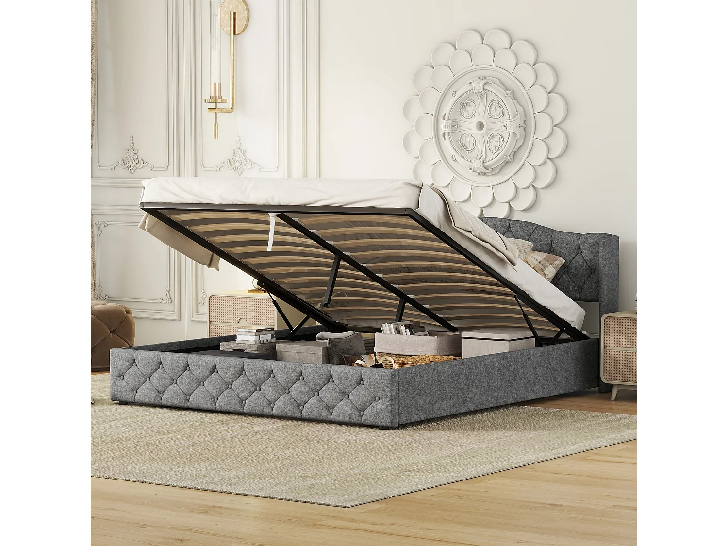 Lit coffre adulte 180x200cm avec Tête de lit Capitonné, lin, gris, sans matelas