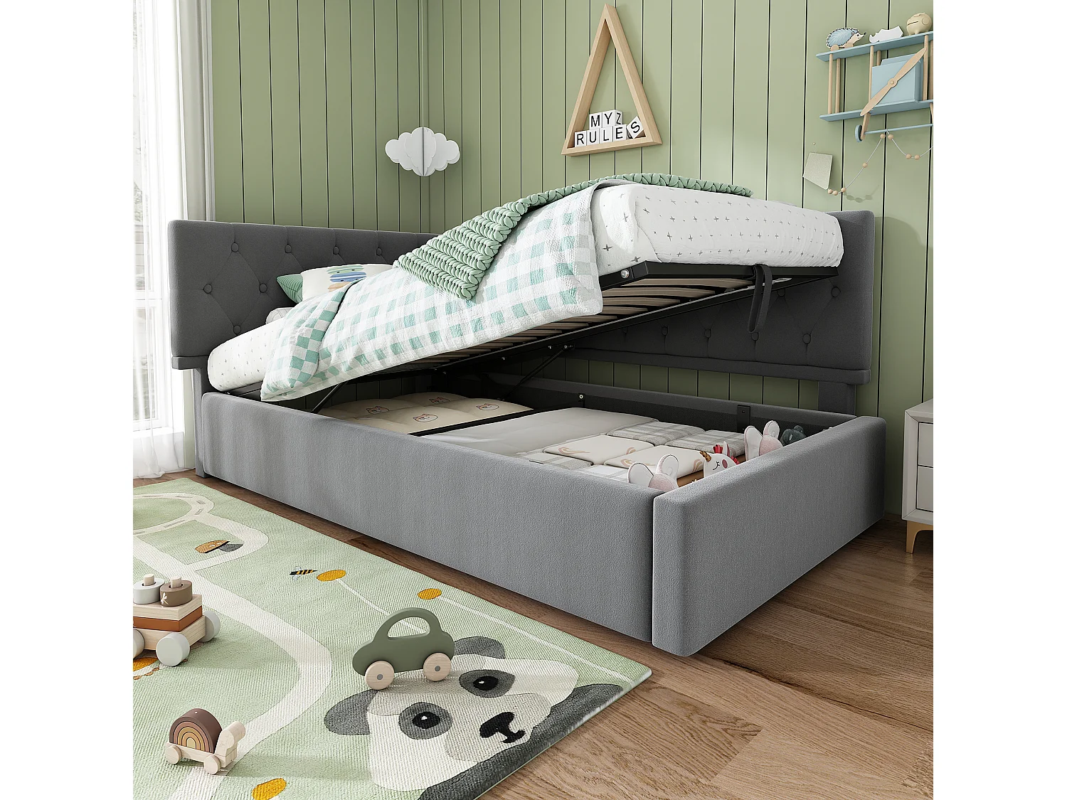 Letto contenitore 90x200 cm design a L, divano letto in velluto grigio, senza materasso